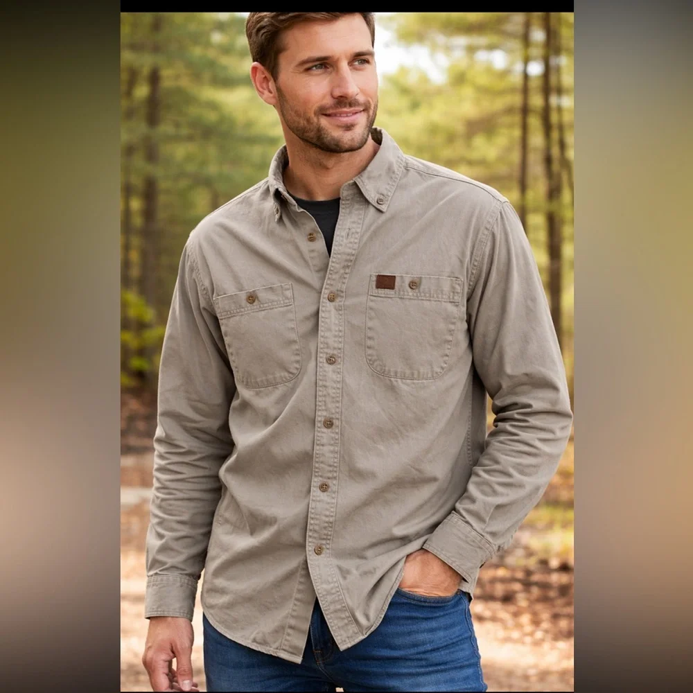 Wrangler Riggs Workwear Button Down Shirt Khaki Cotton Work Shirt Mens - Picture 1 of 12